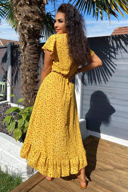 V-Neck Floral Frill Midi Dress for Women - Stylish Summer Outfit