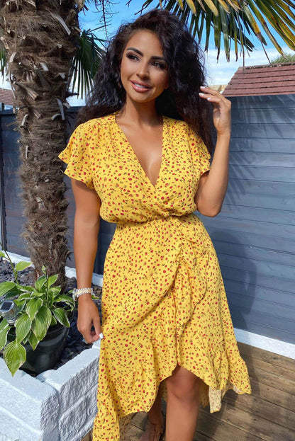 V-Neck Floral Frill Midi Dress for Women - Stylish Summer Outfit