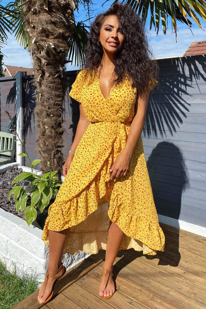 V-Neck Floral Frill Midi Dress for Women - Stylish Summer Outfit