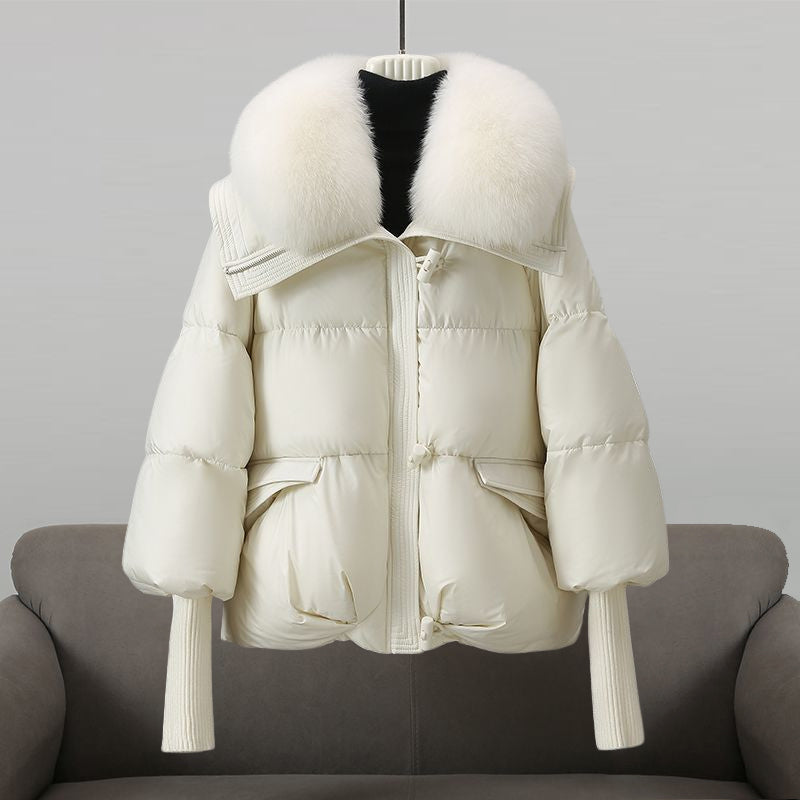 Women's Wide Collar Puffer Jacket with Zip and Snap Closure - Stylish Winter Outerwear