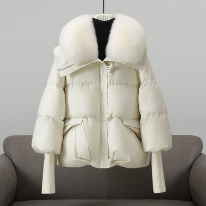 Women's Wide Collar Puffer Jacket with Zip and Snap Closure - Stylish Winter Outerwear