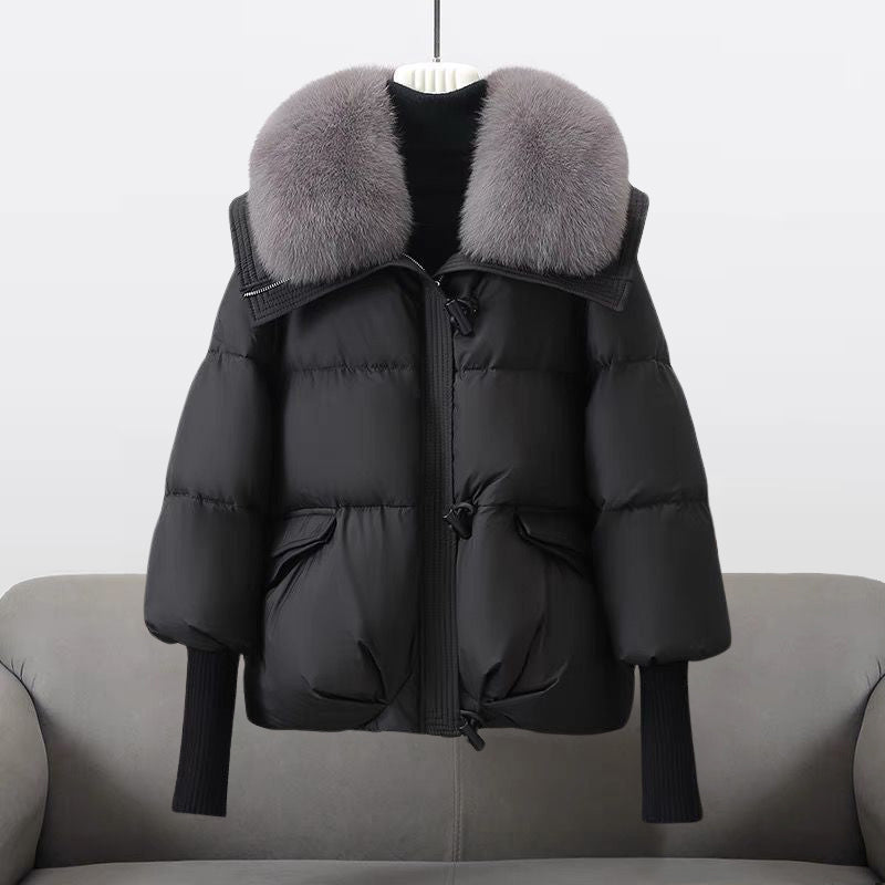 Women's Wide Collar Puffer Jacket with Zip and Snap Closure - Stylish Winter Outerwear