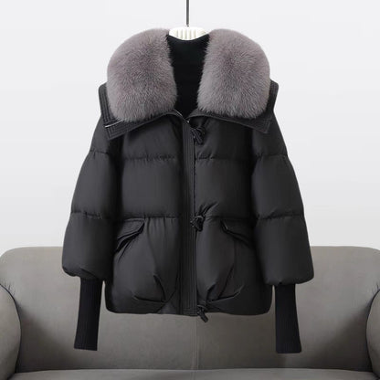 Women's Wide Collar Puffer Jacket with Zip and Snap Closure - Stylish Winter Outerwear