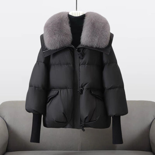 Women's Wide Collar Puffer Jacket with Zip and Snap Closure - Stylish Winter Outerwear