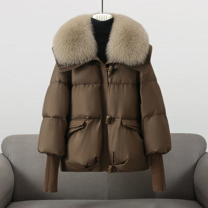 Women's Wide Collar Puffer Jacket with Zip and Snap Closure - Stylish Winter Outerwear