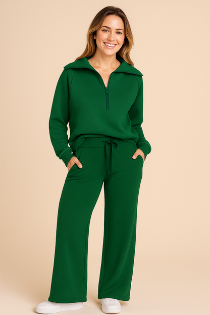 Women's Cozy Two-Piece Lounge Set - Half Zip Sweater and Wide-Leg Pants for Comfort
