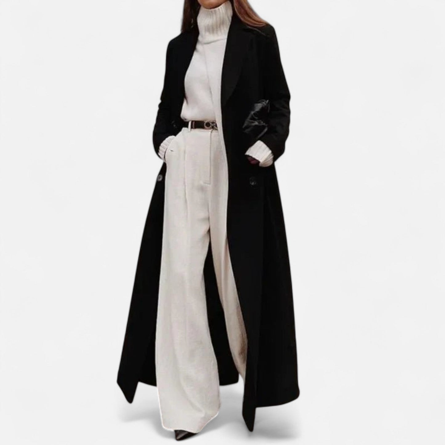Elegant Women's Black Maxi Coat with Notch Lapel and Button Closure