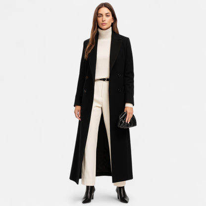 Elegant Women's Black Maxi Coat with Notch Lapel and Button Closure