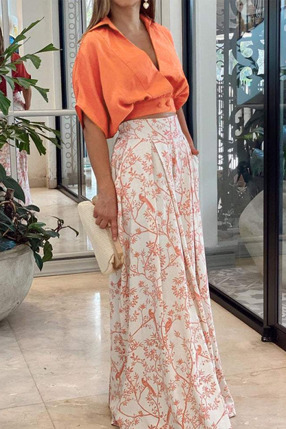Women's Orange Bird Print Two-Piece Set – V-Neck Top & Wide Leg Pants