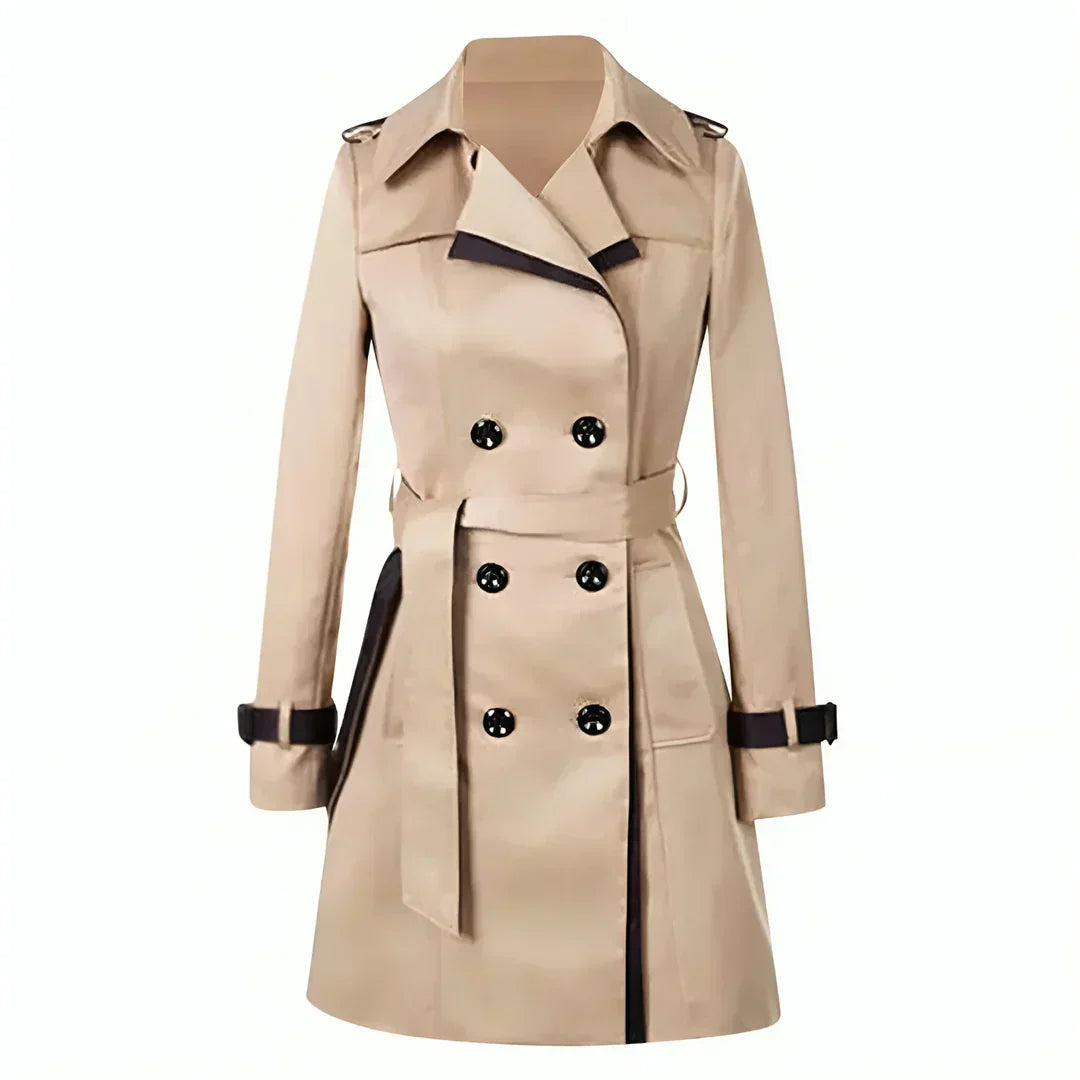 Stylish Women's Double Breasted Short Trench Coat with Belt and Contrast Trim