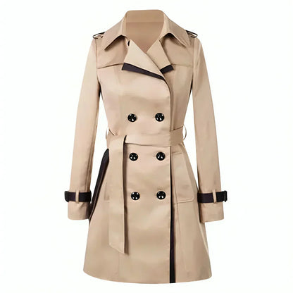 Stylish Women's Double Breasted Short Trench Coat with Belt and Contrast Trim