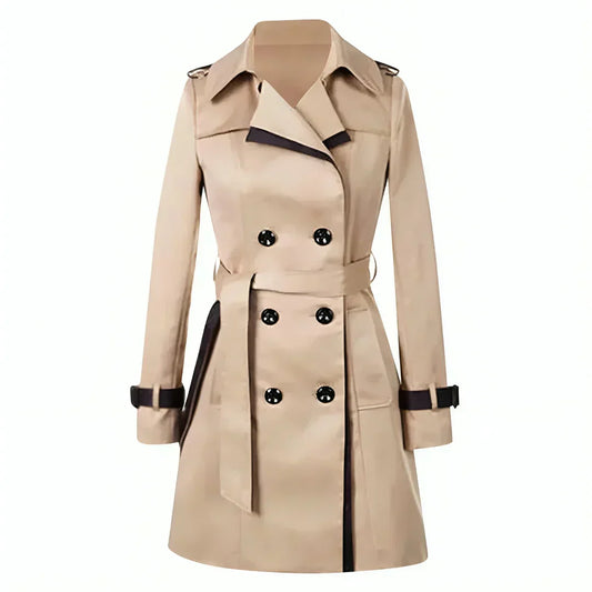 Stylish Women's Double Breasted Short Trench Coat with Belt and Contrast Trim