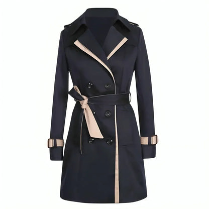 Stylish Women's Double Breasted Short Trench Coat with Belt and Contrast Trim