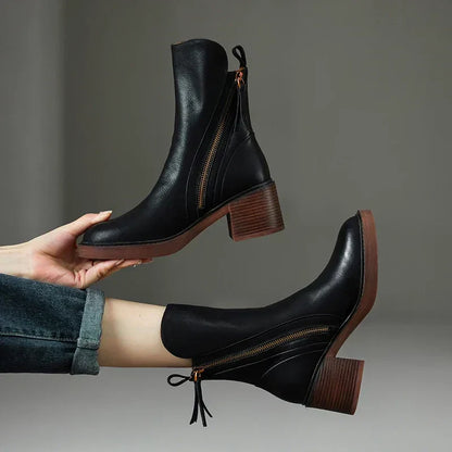 Stylish Women's Block Heel Zip-Up Ankle Boots with Side Zipper Detail