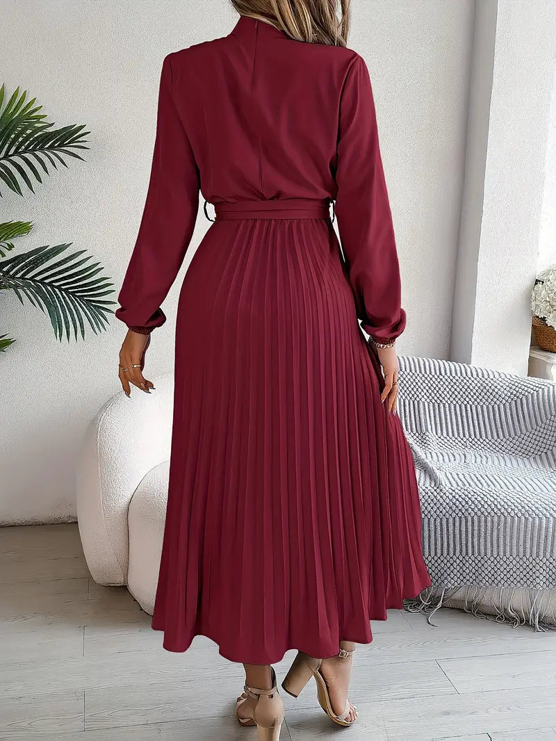 Elegant Women's Long-Sleeve Pleated Midi Dress with Adjustable Belted Waist
