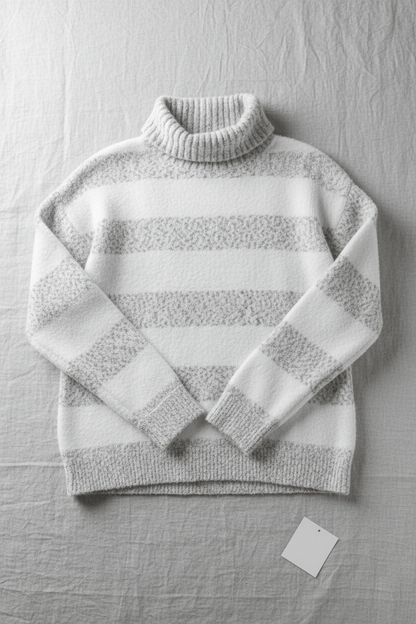 Cozy Women's Ribbed Turtleneck Knit Sweater with Striped Design