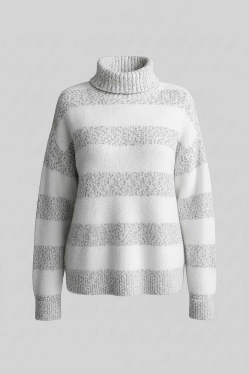 Cozy Women's Ribbed Turtleneck Knit Sweater with Striped Design