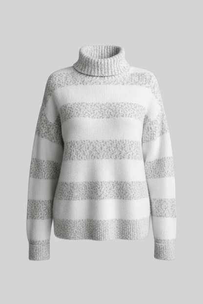 Cozy Women's Ribbed Turtleneck Knit Sweater with Striped Design
