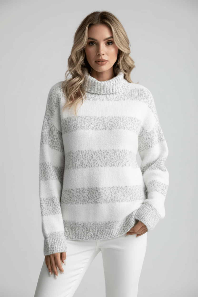 Cozy Women's Ribbed Turtleneck Knit Sweater with Striped Design