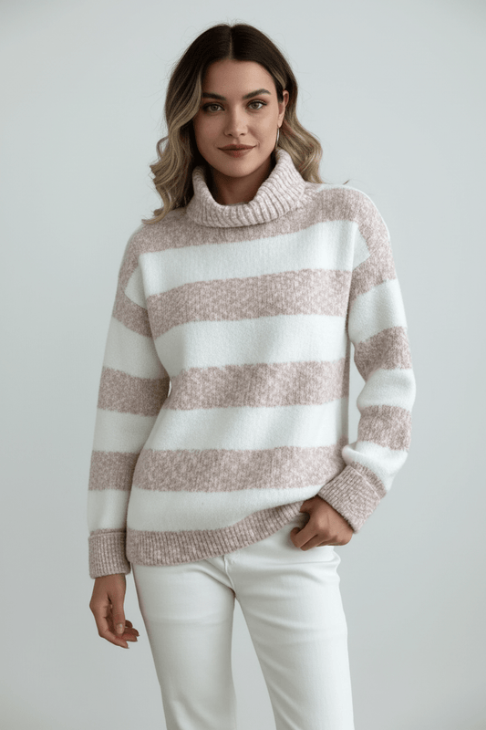 Cozy Women's Ribbed Turtleneck Knit Sweater with Striped Design