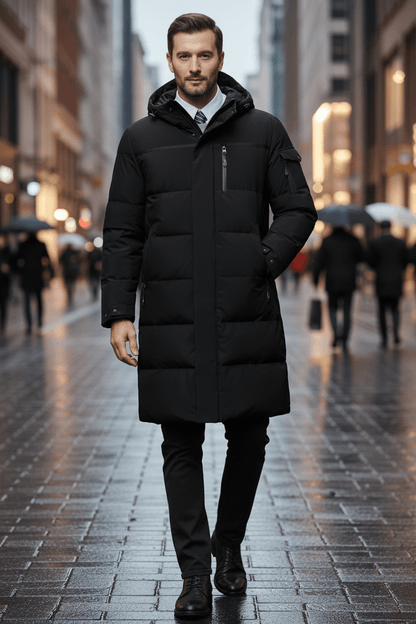 Men's Waterproof Insulated Long Coat with Hood for Cold Weather