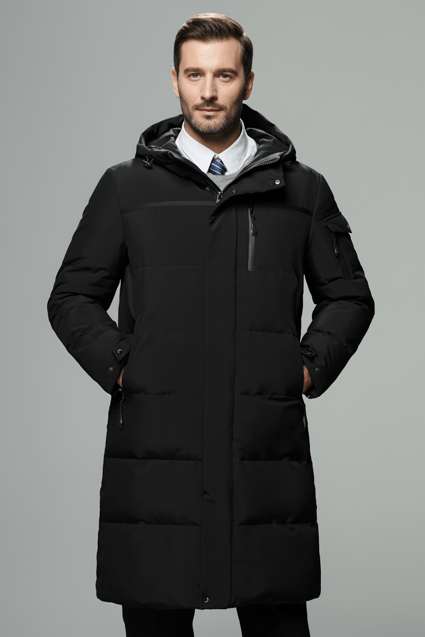 Men's Waterproof Insulated Long Coat with Hood for Cold Weather