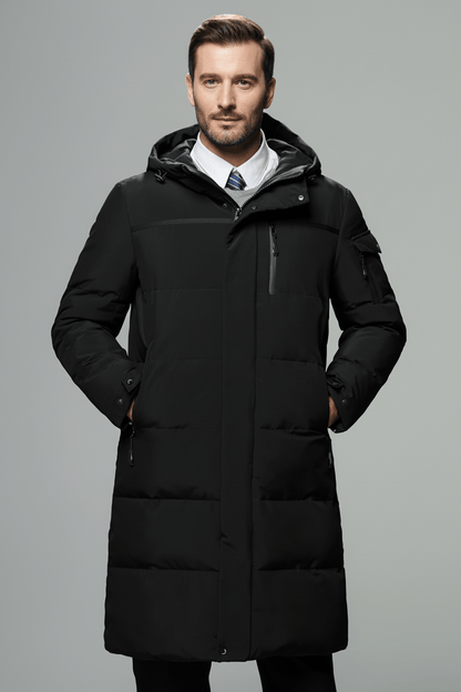 Men's Waterproof Insulated Long Coat with Hood for Cold Weather