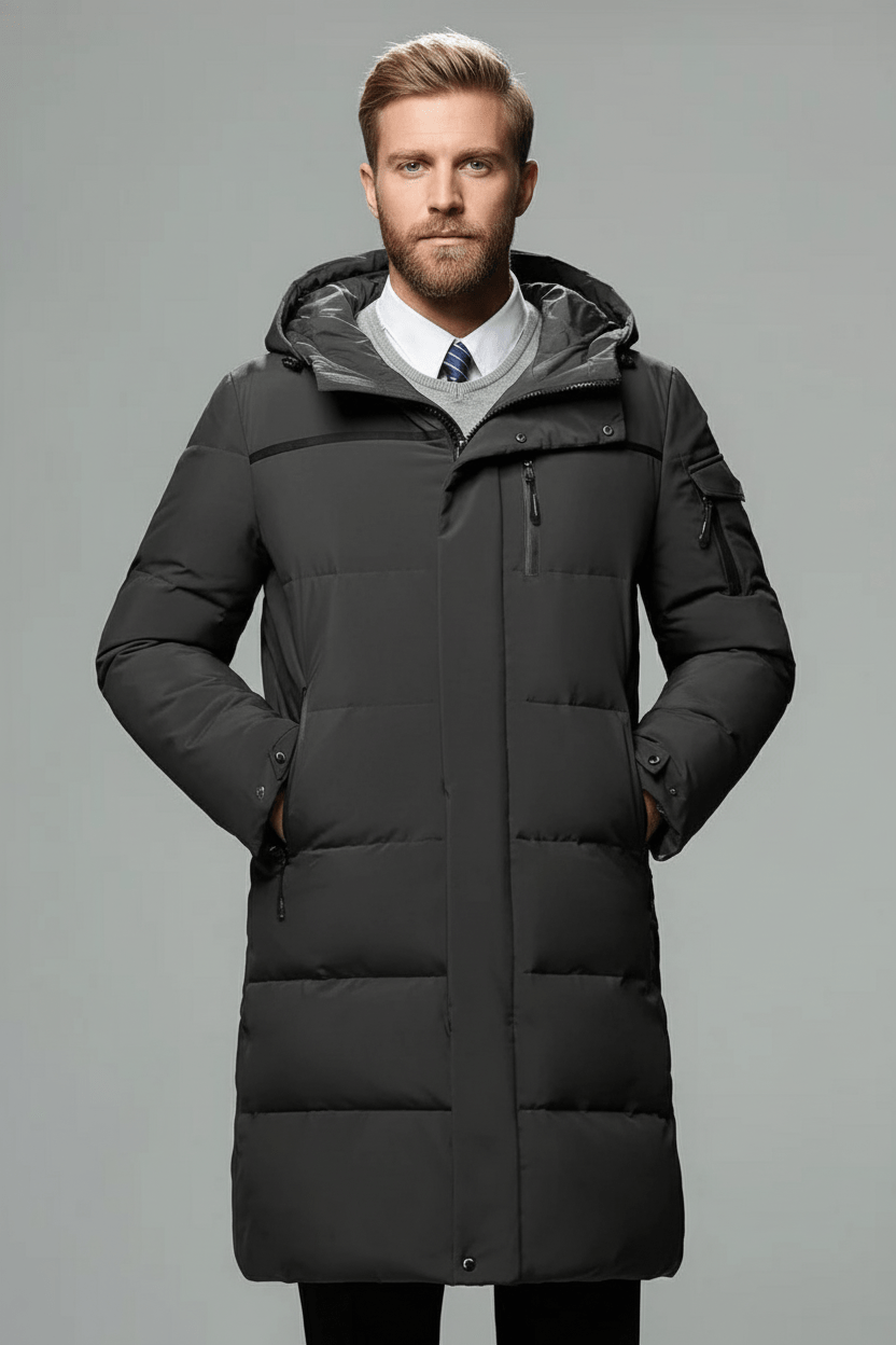 Men's Waterproof Insulated Long Coat with Hood for Cold Weather