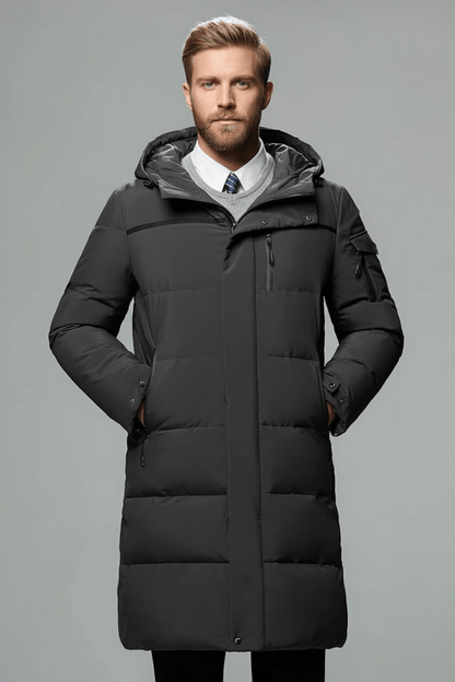 Men's Waterproof Insulated Long Coat with Hood for Cold Weather