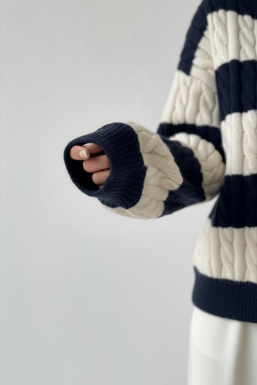 Cozy Women's Oversized V-Neck Cable Knit Sweater with Stylish Striped Details