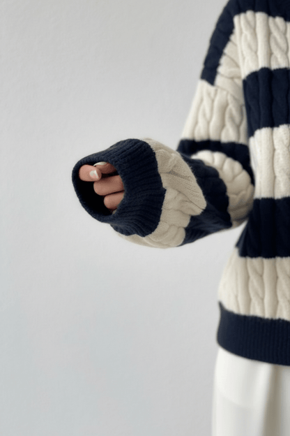 Cozy Women's Oversized V-Neck Cable Knit Sweater with Stylish Striped Details