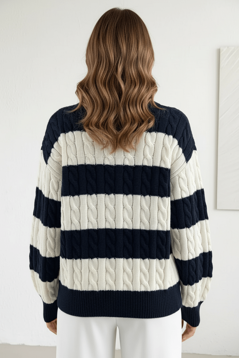Cozy Women's Oversized V-Neck Cable Knit Sweater with Stylish Striped Details