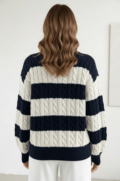 Cozy Women's Oversized V-Neck Cable Knit Sweater with Stylish Striped Details