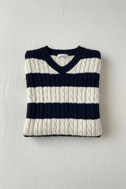 Cozy Women's Oversized V-Neck Cable Knit Sweater with Stylish Striped Details