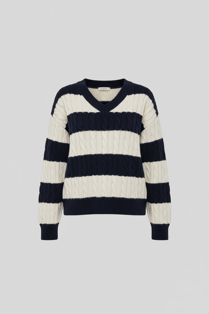Cozy Women's Oversized V-Neck Cable Knit Sweater with Stylish Striped Details