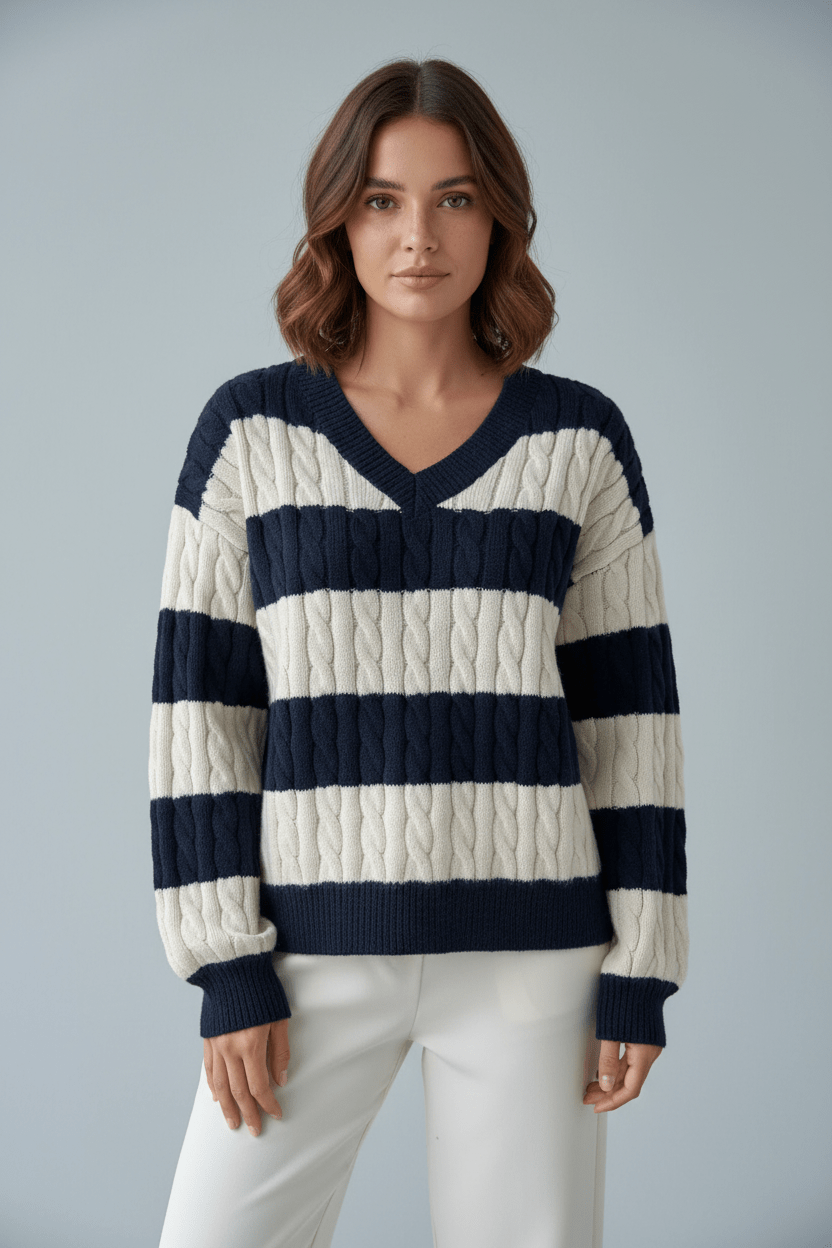 Cozy Women's Oversized V-Neck Cable Knit Sweater with Stylish Striped Details
