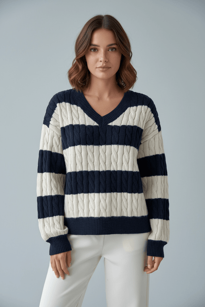 Cozy Women's Oversized V-Neck Cable Knit Sweater with Stylish Striped Details