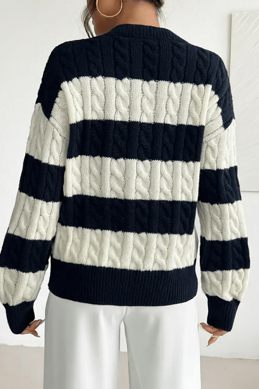 Cozy Women's Oversized V-Neck Cable Knit Sweater with Stylish Striped Details