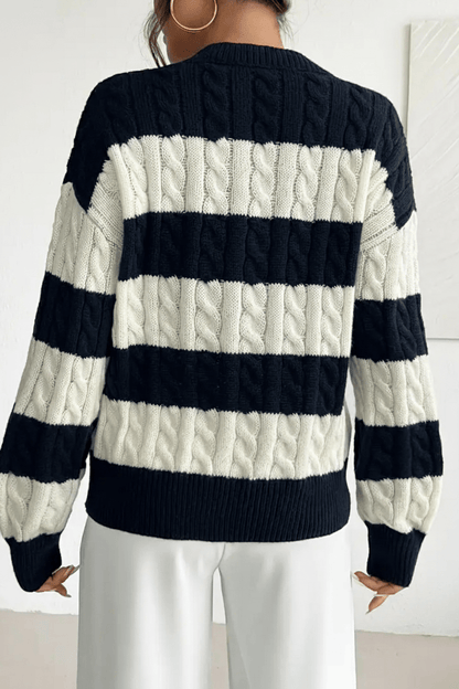 Cozy Women's Oversized V-Neck Cable Knit Sweater with Stylish Striped Details