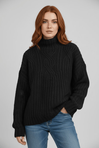 Warm Women's High Neck Cable Knit Sweater for Autumn and Winter Fashion