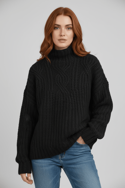 Warm Women's High Neck Cable Knit Sweater for Autumn and Winter Fashion