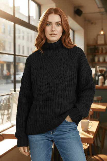 Warm Women's High Neck Cable Knit Sweater for Autumn and Winter Fashion