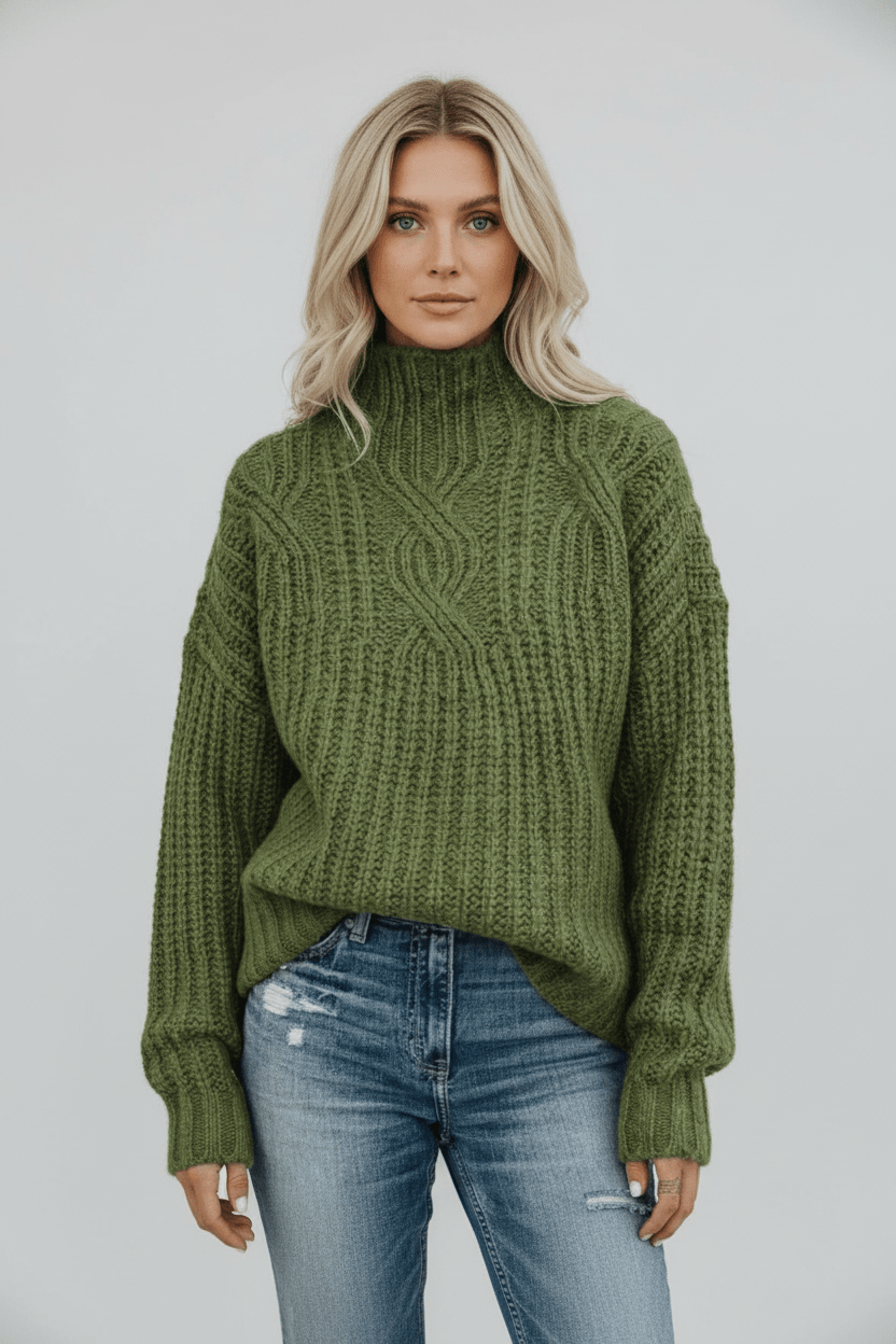 Warm Women's High Neck Cable Knit Sweater for Autumn and Winter Fashion
