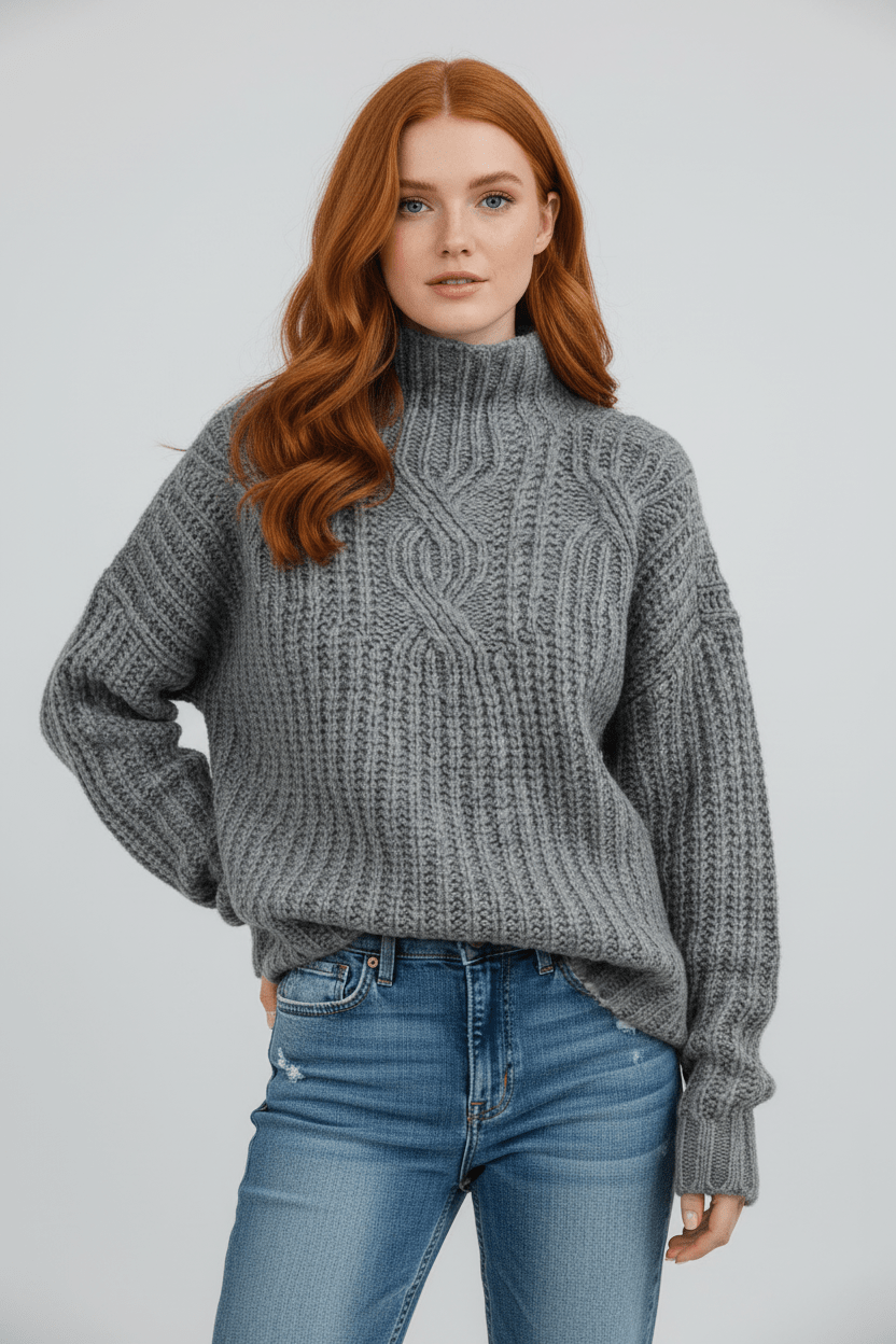 Warm Women's High Neck Cable Knit Sweater for Autumn and Winter Fashion