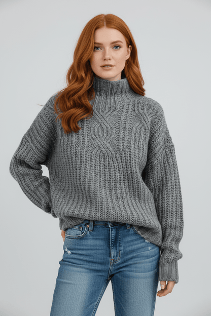 Warm Women's High Neck Cable Knit Sweater for Autumn and Winter Fashion