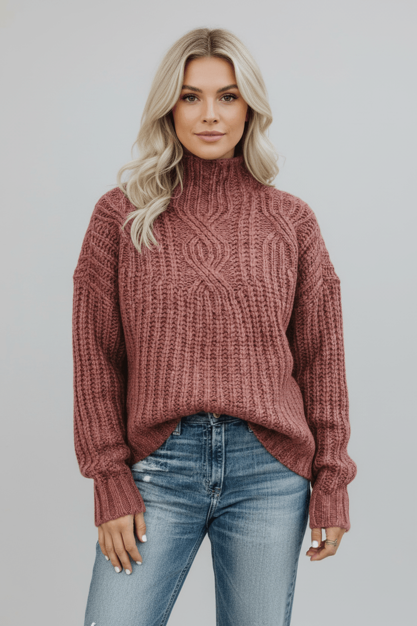 Warm Women's High Neck Cable Knit Sweater for Autumn and Winter Fashion