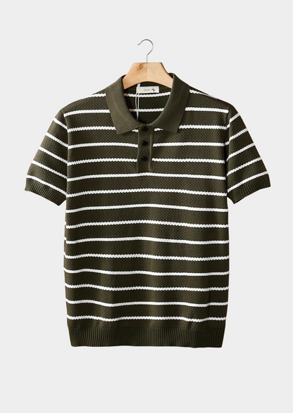 Men's Striped Textured Polo Shirt with Button Detail