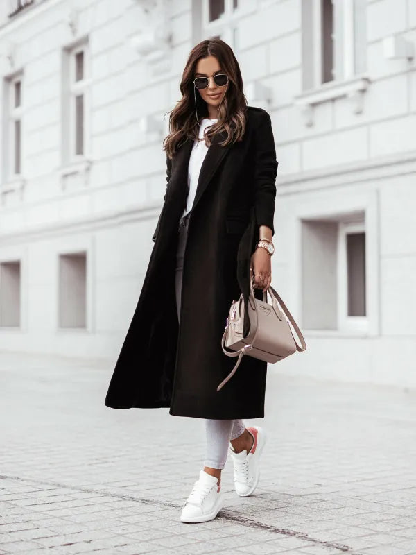 Elegant Women's Longline Formal Coat with Waist Belt and Notch Lapel