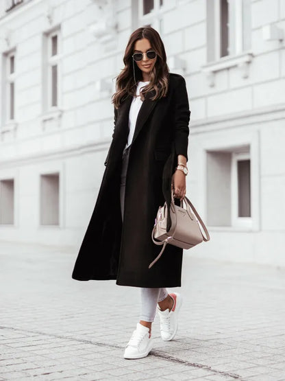 Elegant Women's Longline Formal Coat with Waist Belt and Notch Lapel
