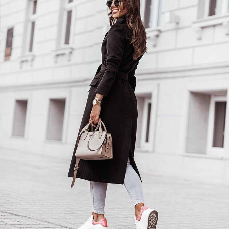 Elegant Women's Longline Formal Coat with Waist Belt and Notch Lapel
